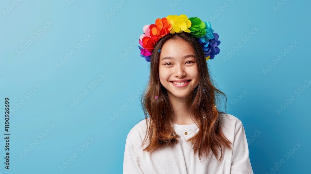 A smiling girl wearing a vibrant flower crown poses against a blue background, exuding joy and celebration. A smiling girl wearing a vibrant flower crown poses against a blue background, exuding joy and celebration.