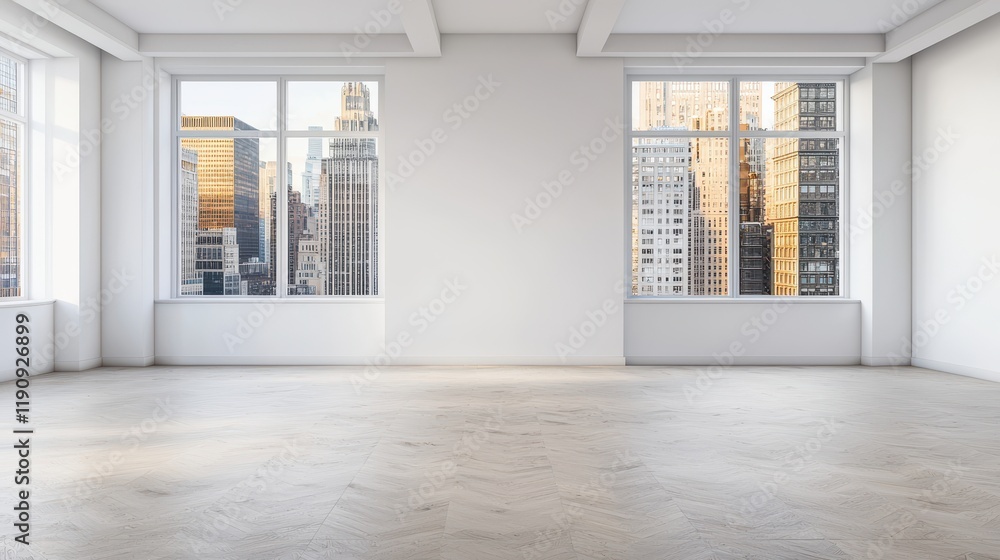 Fototapeta premium A bright, spacious room with large windows showcasing a city skyline, featuring a minimalist design and ample natural light.