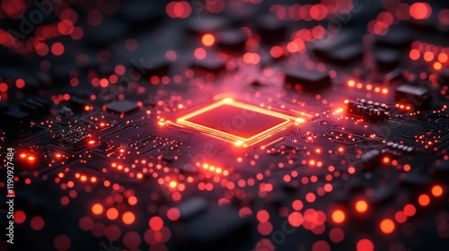 Glowing microchip with red highlights on a black background. Generative AI photo