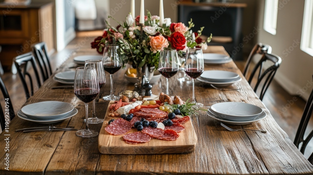 A charming image of a rustic dining table with red wine glasses and a beautifully arranged charcuterie board, offering an inviting atmosphere for a relaxed dining experience A charming image of a rustic dining table with red wine glasses and a beautifully arranged charcuterie board, offering an inviting atmosphere for a relaxed dining experience