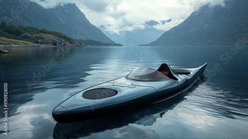 Kayak resting on calm waters surrounded by mountains in the early morning light