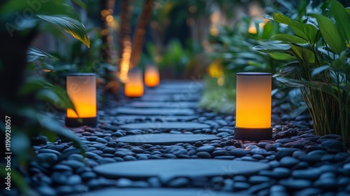 Soft glow of lanterns illuminating a garden path during evening hours