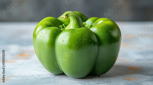 Fresh green bell pepper on wooden surface with water droplets, showcasing vibrant color and texture