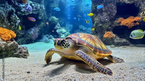 Majestic Sea Turtle in a Vibrant Aquarium