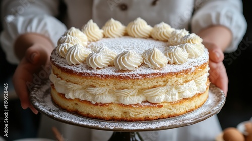 Delicious layered cake with cream filling and powdered sugar on a wooden tabl...