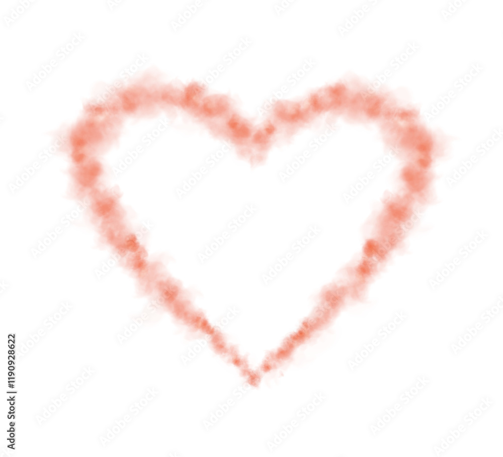 Fototapeta premium Realistic smoky red fluffy heart shaped cloud on transparent background. Romantic golden translucent smoke floating in the shape of a heart. PNG. 