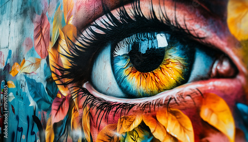 Beautiful Eye Surrounded by Colorful Autumn Leaves in an Abstract Composition