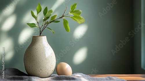 Beautiful speckled vase with eggs and greenery arranged on a wooden shelf in ...