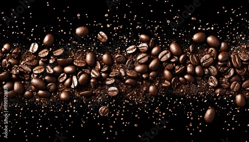 Digitally Generated Image Of Coffee Grain Texture On Black Background With Chocolate Shades Confetti And Brown Particles. photo