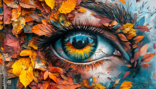 Stunning Autumn-Themed Artistic Eye with Vibrant Leaves and Intricate Details