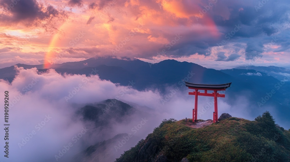 A classic red Torii gate on a mountaintop, with layers of colorful clouds and a distant rainbow, creating a vibrant and spiritual landscape A classic red Torii gate on a mountaintop, with layers of colorful clouds and a distant rainbow, creating a vibrant and spiritual landscape