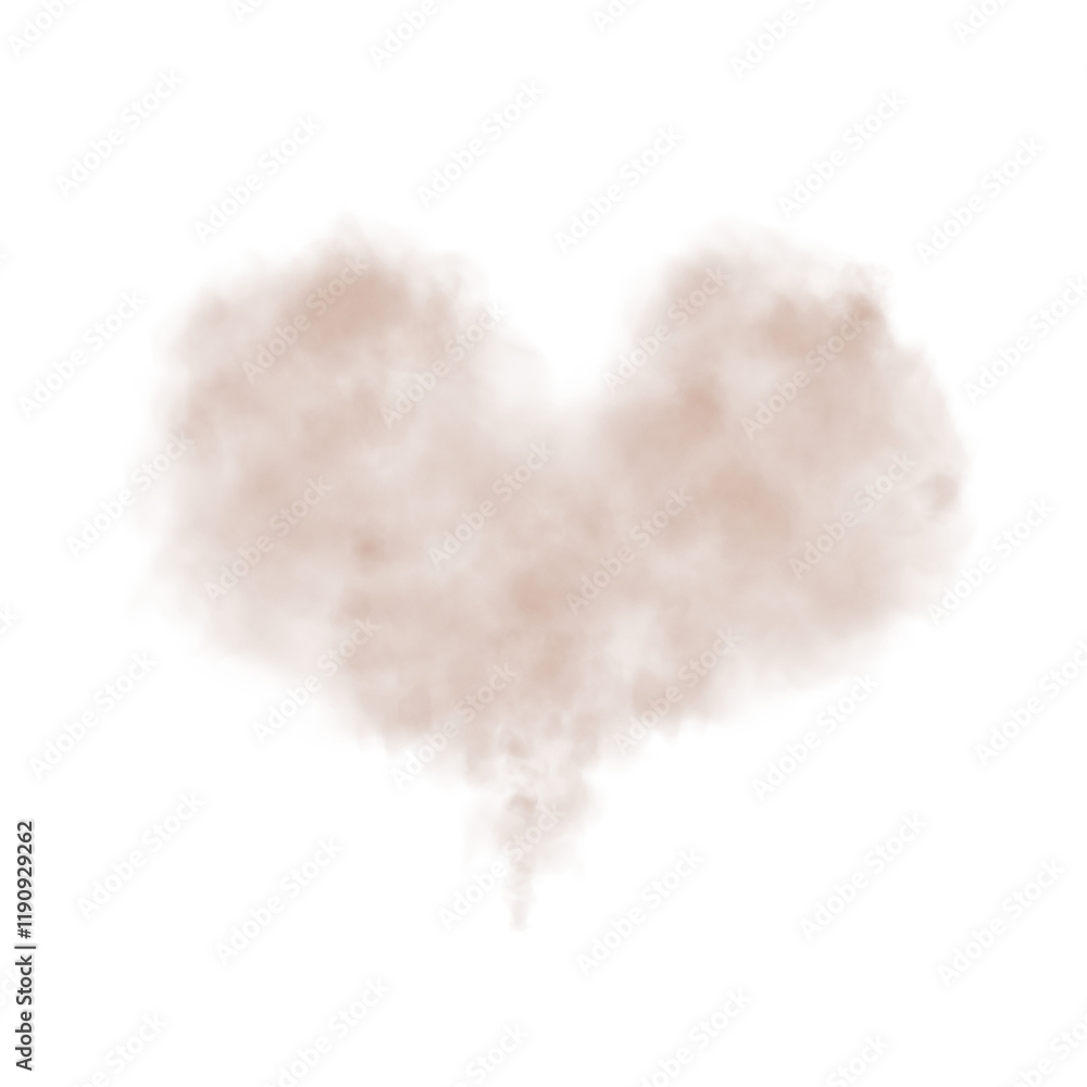 Fototapeta premium Realistic smoky brown fluffy heart shaped cloud on transparent background. Romantic golden translucent smoke floating in the shape of a heart. PNG
