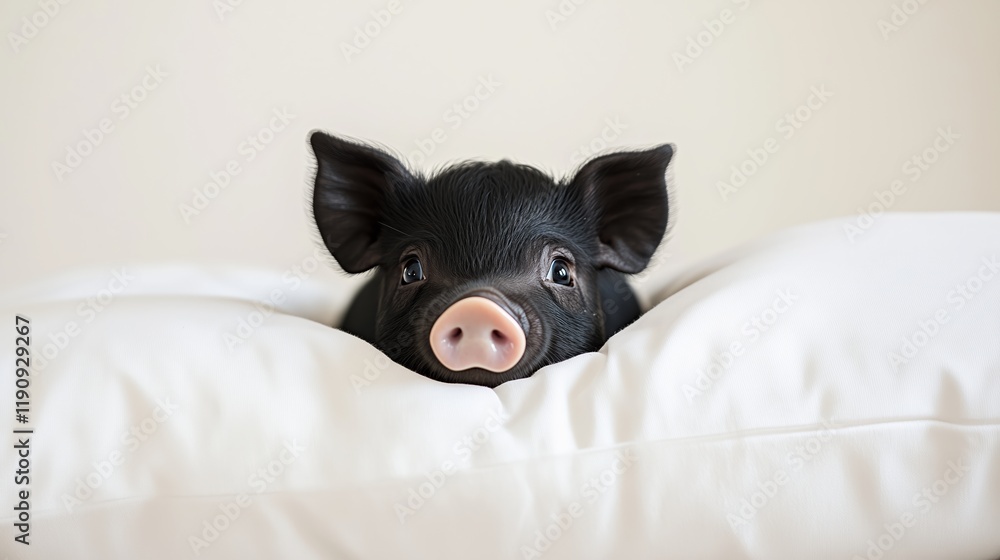 A black pig peeking out from behind a white pillow, with a cute and funny face and big eyes. This portrait photography is set against an indoor light background with a solid color background. A black pig peeking out from behind a white pillow, with a cute and funny face and big eyes. This portrait photography is set against an indoor light background with a solid color background.