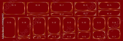 set gold line frames in Chinese style, thin luxury borders of rectangular shape, different formats