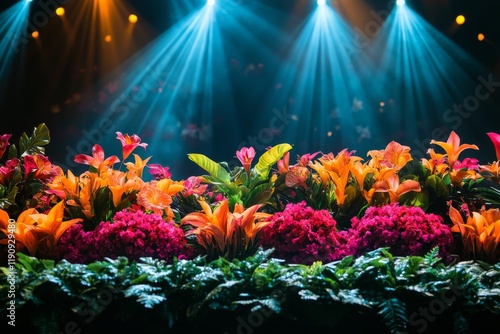 Vibrant floral stage setup illuminated by dramatic lighting for a performance...