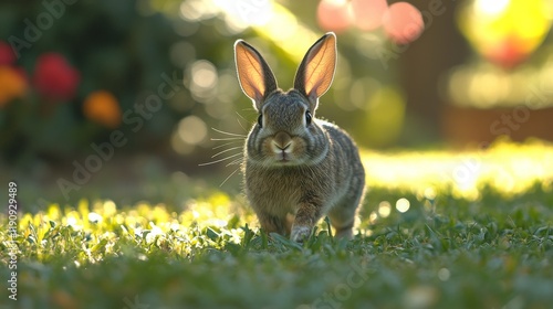Rabbit exploring a lush garden during golden hour with colorful flowers in th...