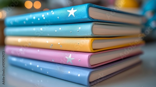 Colorful stacked notebooks on a table with flowers in the background during d...