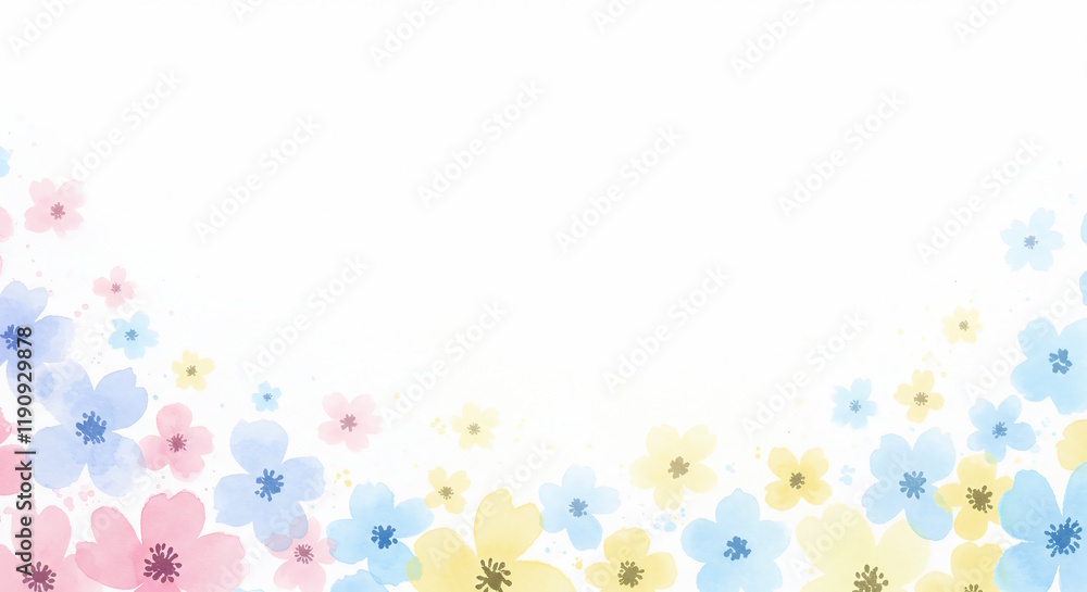 Subtle watercolor blooms in pastel pink, sky blue, and lemon yellow, seamlessly fading into a white background. Subtle watercolor blooms in pastel pink, sky blue, and lemon yellow, seamlessly fading into a white background.