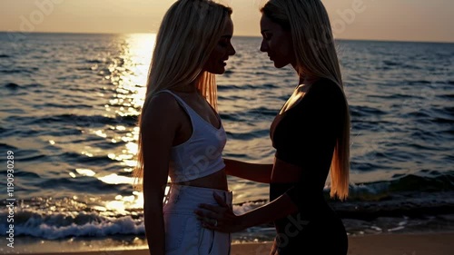 Romantic blonde couple kissing seaside