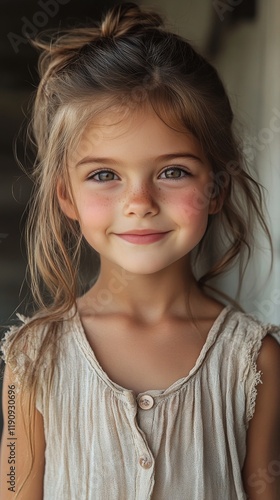 Young girl with curly hair and bright eyes smiling in a rustic setting during...