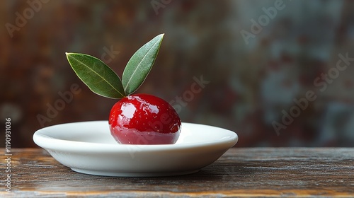 Delicious red dessert showcased on a small white plate with green leaves atop...