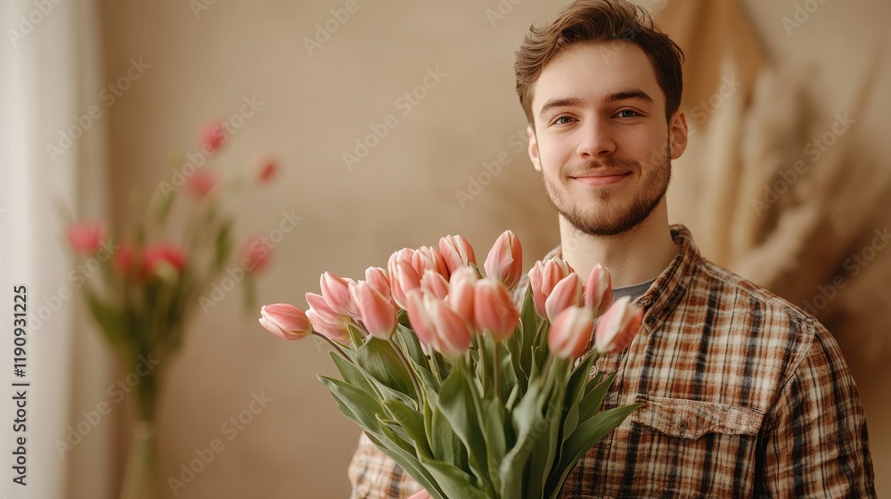 Young adult male smiling with bouquet of pink tulips indoors Young adult male smiling with bouquet of pink tulips indoors