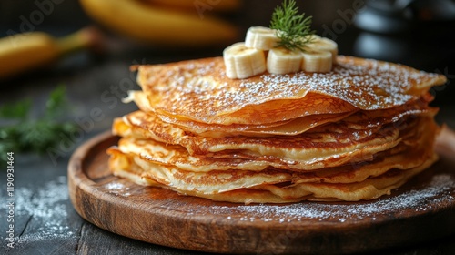Delicious pancakes topped with bananas and powdered sugar served on a white p...