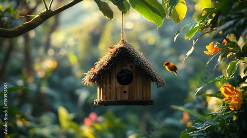 Wooden birdhouse hanging from a tree branch surrounded by vibrant flowers in ...