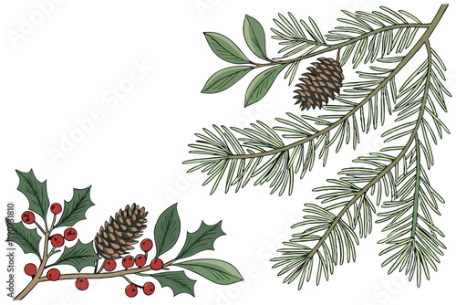 Christmas border, evergreen branches, pine needles, festive frame, white background, holiday greenery, natural decoration, spruce twigs, winter foliage, seasonal garland, fresh fir boughs, panoramic l