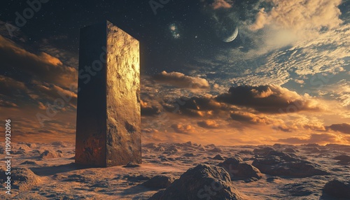 Fototapeta Naklejka Na Ścianę i Meble -  Mysterious Obelisk Found On Barren World: A Bizarre Monolith On A Desolate Planet In The Depths Of Space.