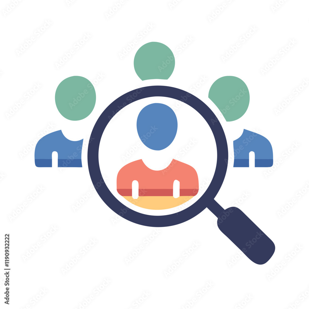Recruitment icon with magnifying glass over profile Recruitment icon with magnifying glass over profile