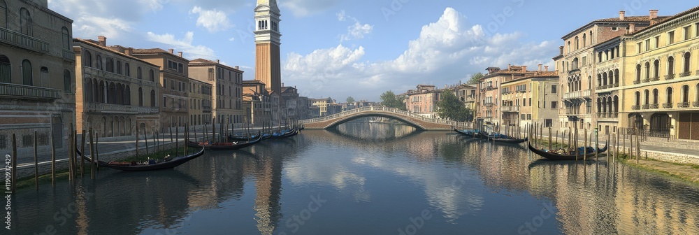 Naklejka premium Gondolas Gliding Through a Picturesque Canal Surrounded by Historic European Architecture