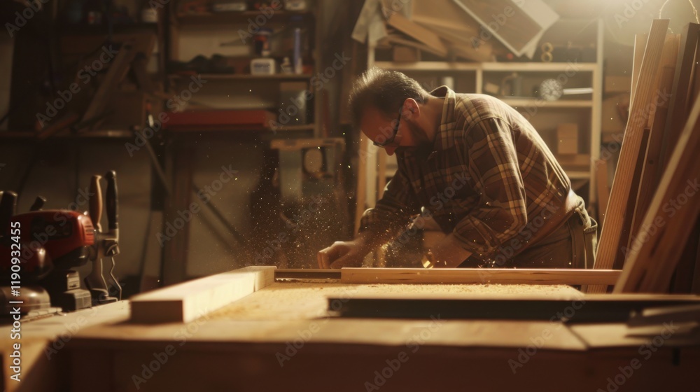A carpenter measuring and cutting wood in a busy workshop, with sawdust and woodworking tools scattered around, Carpentry scene A carpenter measuring and cutting wood in a busy workshop, with sawdust and woodworking tools scattered around, Carpentry scene