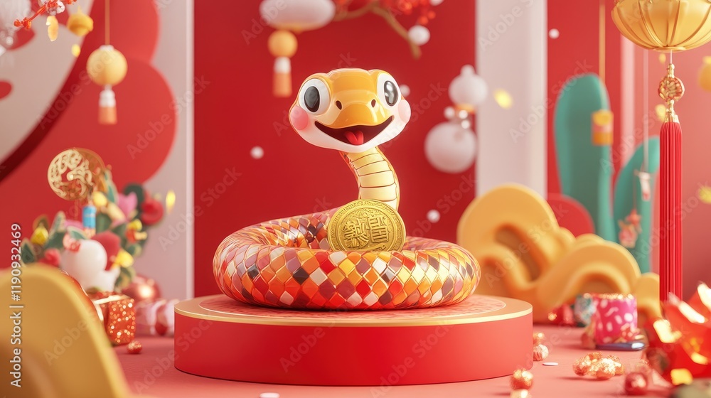 Fototapeta premium A colorful Chinese Lunar New Year scene with a cute cartoon snake wrapped around a golden coin, displayed on a podium with traditional festive elements and red patterns for CNY 2025