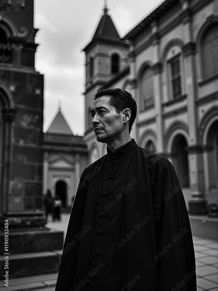 Naklejka premium person in front of the church