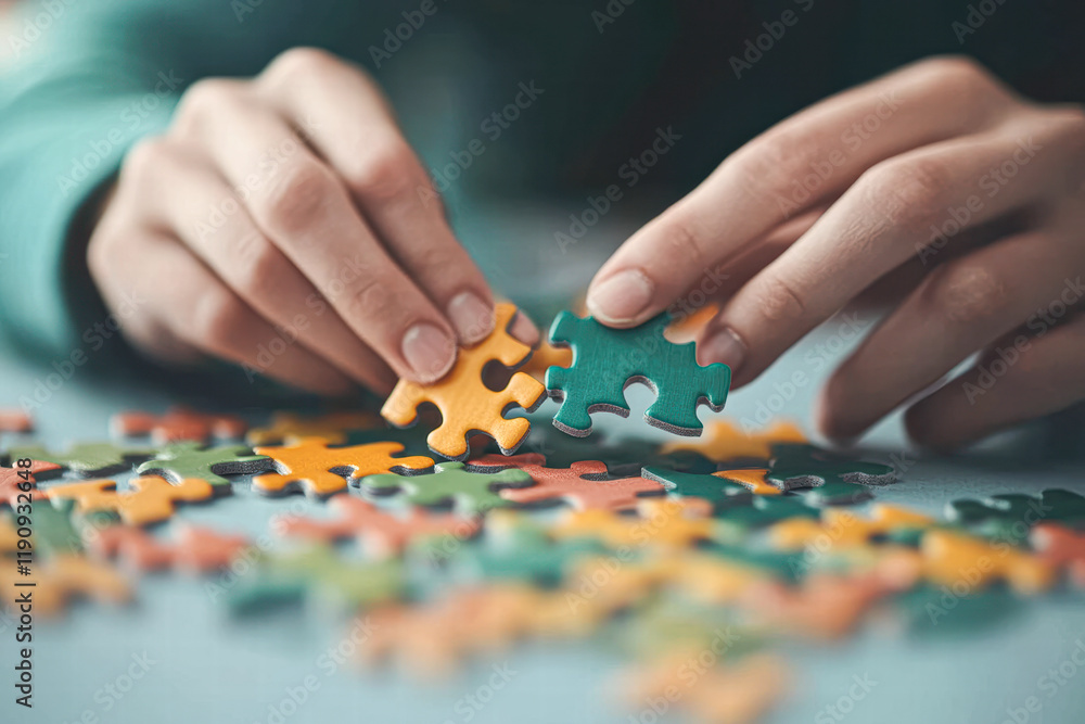 Indoor puzzle assembly action close-up hobbies in home environment Indoor puzzle assembly action close-up hobbies in home environment
