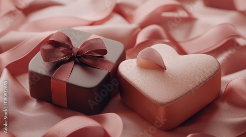 Heart-shaped and square gift boxes with ribbons on pink fabric