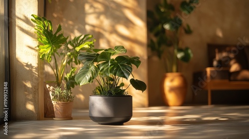 Lush green plant in modern pot against textured gray wall in indoor setting