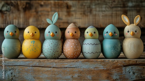 Colorful wooden bunny figurines arranged on a rustic wooden surface in a gard...