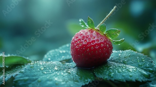 Fresh strawberry on a green leaf glistening with water droplets in a tranquil...
