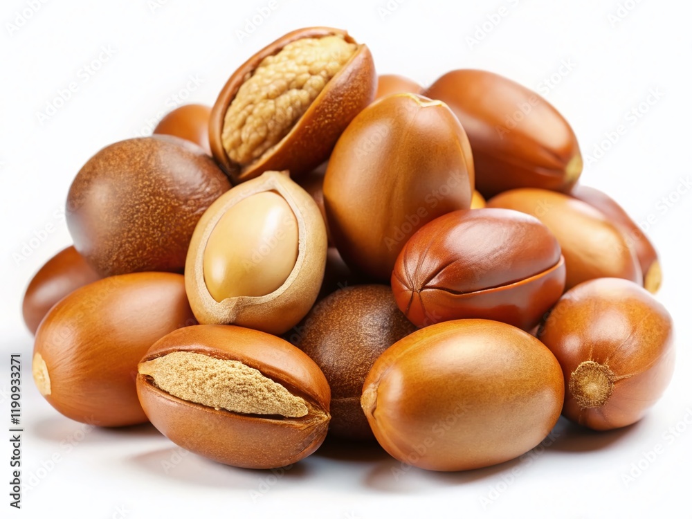 Organic Argan Nuts, Close-up, Isolated on White Background, High-Res Stock Photo