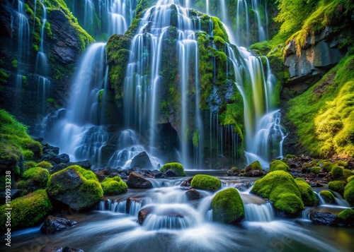 Oregon's Three Sisters Wilderness: Poxy Falls cascading over basalt columns close-up