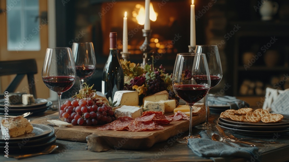 Fototapeta premium A cozy dining table scene featuring multiple red wine glasses, a variety of cheeses and meats on a charcuterie board, and rustic table decor to create a welcoming atmosphere