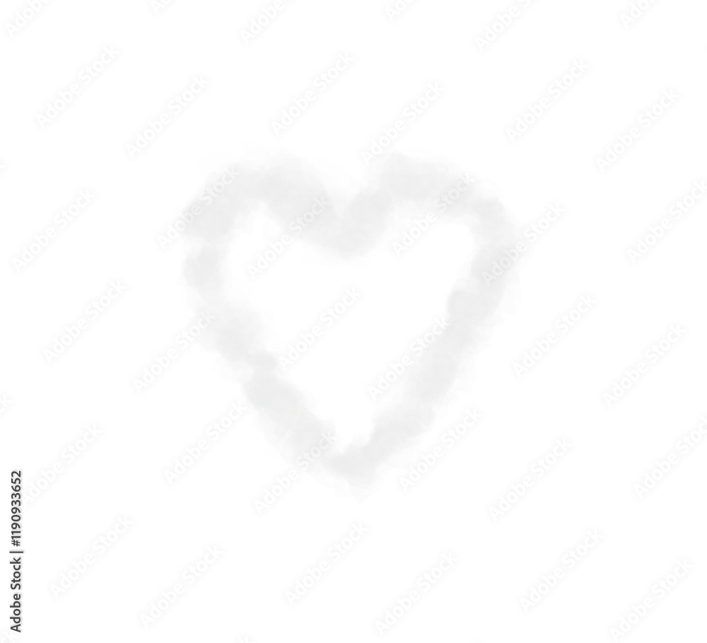 Fototapeta premium Realistic smoky grey fluffy heart shaped cloud on transparent background. Romantic golden translucent smoke floating in the shape of a heart. PNG.