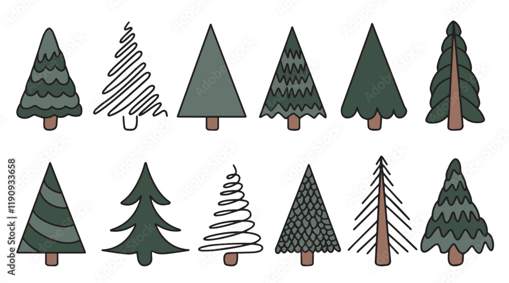 Obraz premium Set of hand drawn linear Christmas trees. Modern Christmas green trees in doodle style. Design for holiday greeting cards, packaging, decor. Vector