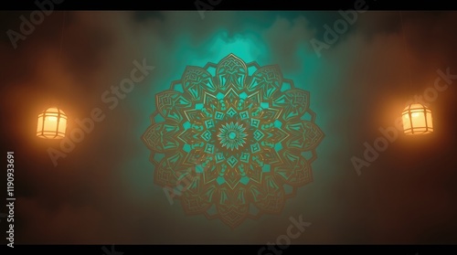 ich deep teal foggy scene with low visibility. A luxury Islamic ornament mandala frame is in the background photo