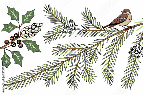 Christmas border, evergreen branches, pine needles, festive frame, white background, holiday greenery, natural decoration, spruce twigs, winter foliage, seasonal garland, fresh fir boughs, panoramic l