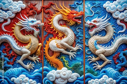 Wallpaper Mural Ornate Dragon Triptych Relief: White, Blue, and Red Dragons in Intricate Carving Torontodigital.ca