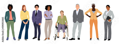 Multinational business team. Vector illustration of diverse cartoon men, women of various ethnicities, ages, body types in casual office outfits. Set of different business people Isolated