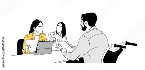 HR manager, recruiter having job interview conversation with candidate sitting in wheelchair, businessman with disability. Inclusive business career concept. Outline sketch drawing isolated